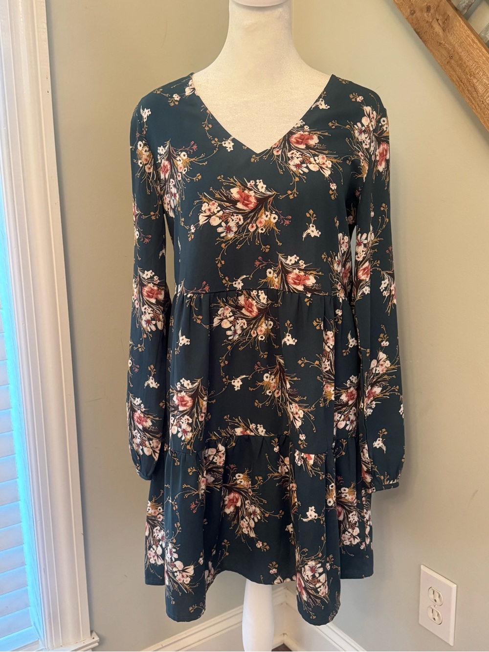 Everly Dark Green Floral V-Neck Tiered Long Sleeve Dress